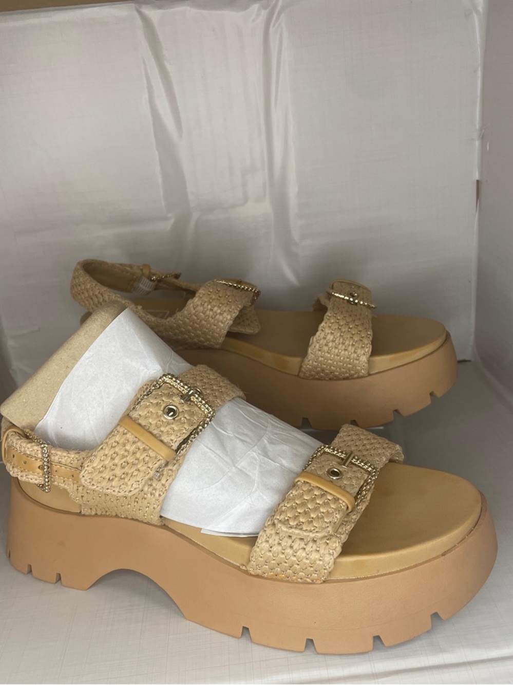 Dolce Vita Tan Woven Platform Sandals with Buckle Accents